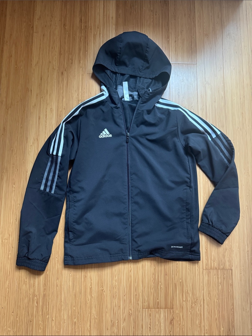 adidas Originals Kids' Black Hooded Rain Jacket with Light Blue Stripes